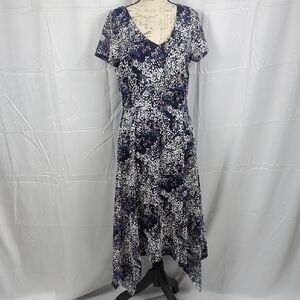 Studio Asymmetrical Dress in Dark Blue and White Print